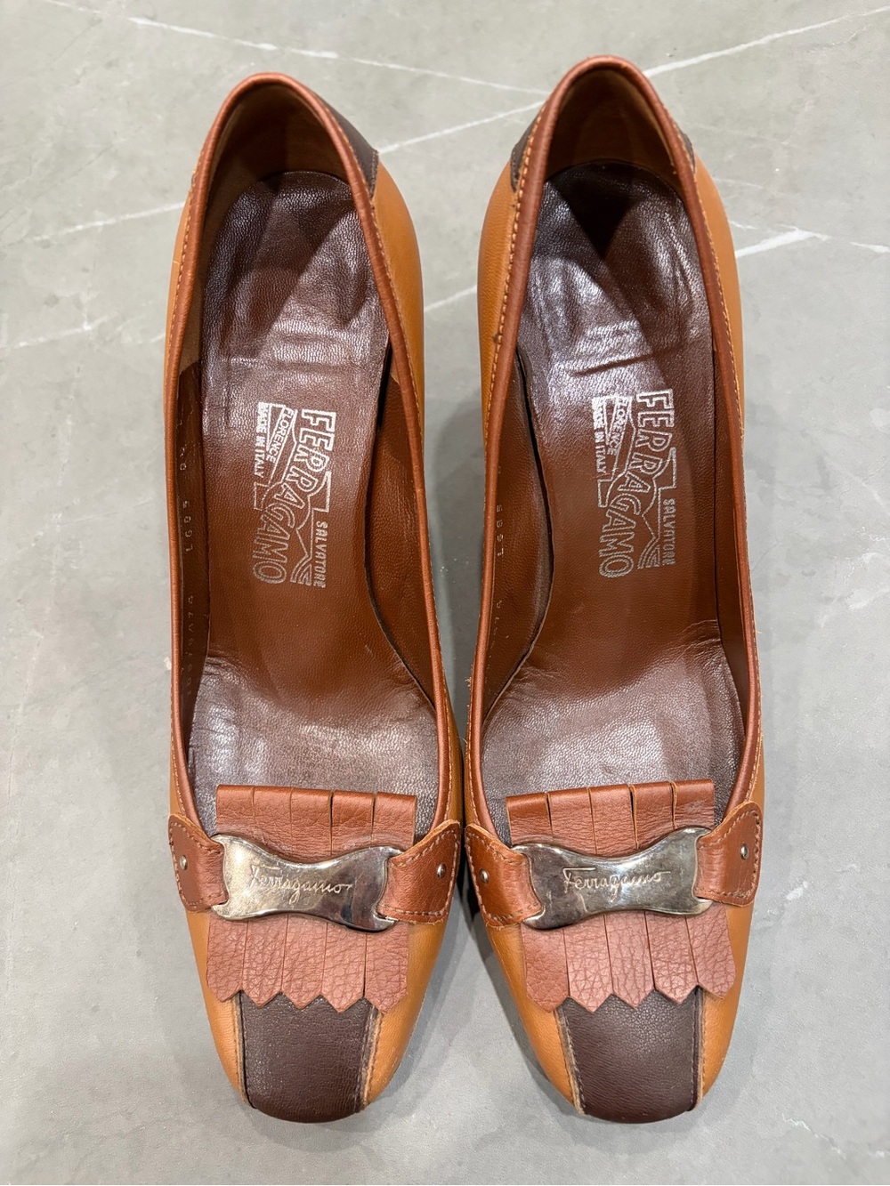 Salvatore Ferragamo Tan and Brown Leather Block Heel Pump - Picture 2 of 14
